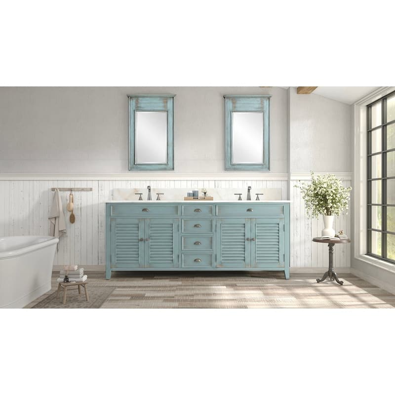 72 Inch Abbeville Double Sink Bathroom Vanity - Distressed Blue Farmhouse Style