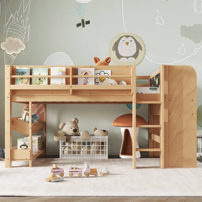 Full/Twin Size Loft Bed with Built-in Desk, Multi-Storage Bookcases & Blackboard, Solid Wood Low Loft Bed Frame