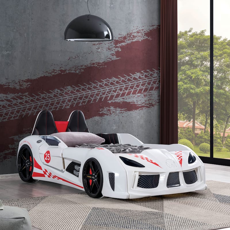 La Vetta Modern Twin Kid Platform Car Bed with LED Lights and Handheld Remote by Furniture of America - White