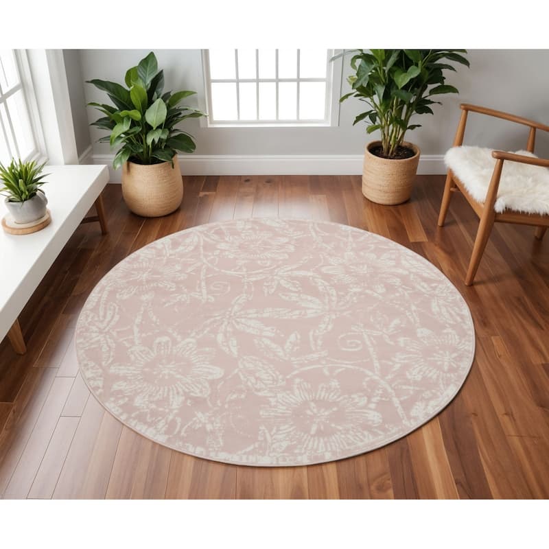 Gugod Power Loomed Distressed Geometric Floral Traditional Stain Resistant Area Rug By HomeRoots - 96' X '96' X '0.39 - 96' X '96' X '0.39 - Pink - Round