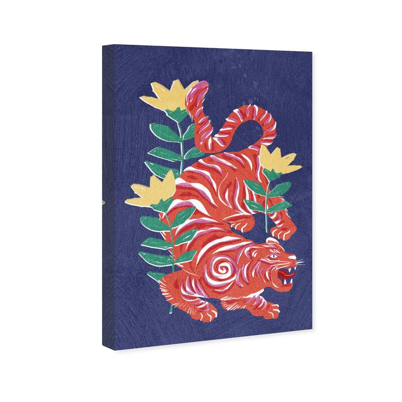 Wynwood Studio Canvas Animals Foral Crimson Tiger Red and Dark Blue Modern & Contemporary Wall Art Canvas Print