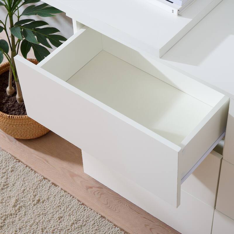 White Minimalist Desk with Removable Desktop, 6 Drawers and 3 Storage Compartments for Home Office