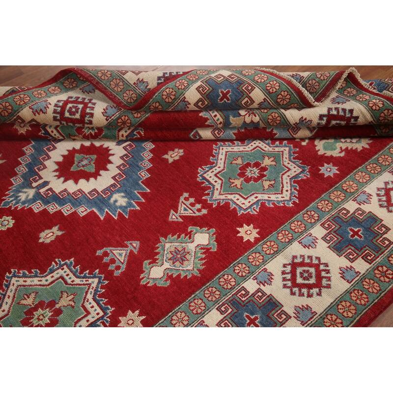 Hand Knotted Oriental 100% Wool Carpet Traditional Geometric Red Kazak Area Rug - 9' 10'' X 6' 8''