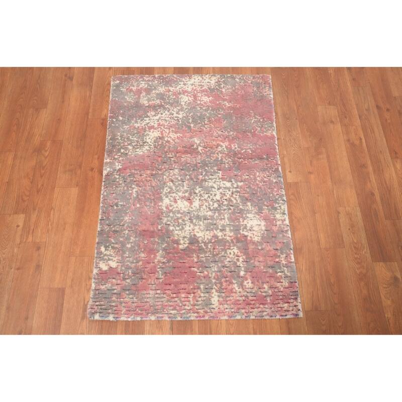 Hand Knotted Oriental Viscose Silk Carpet Modern Abstract Pink Abstract Area Rug - 3' 0'' X 2' 0''