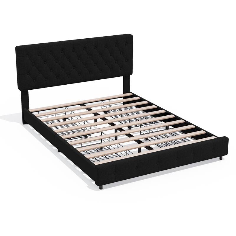 Linen Upholstered Headboard Bed Frame with Large Hidden Storage, 4 Underbed Drawers with Pulleys - Black - Full