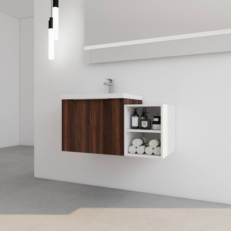 36" Wall-Mounted Bathroom Vanity with Resin Sink, Soft-Close Doors, Small Storage Shelves for Modern Bathrooms