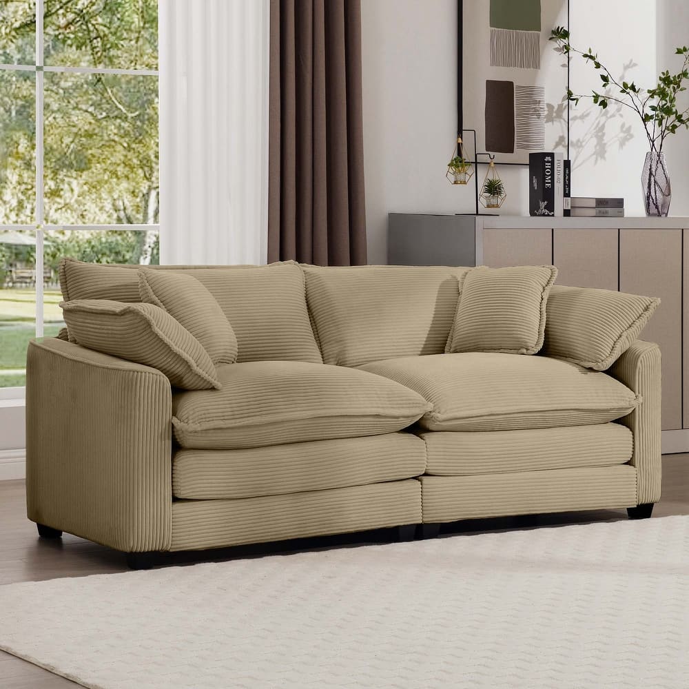 Corduroy Fabric Upholstered Loveseat Sofa, Deep Seat Sectional Sofa with 4 Pillows, 2-Seater Sofa with Removable Armrests
