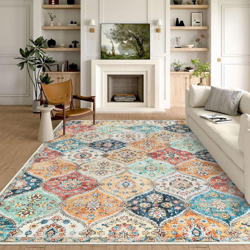 Rugs for Living Room Vintage Oriental Trellis Area Rug Soft Non Slip Low Pile Accent Rugs for Dining Room Office