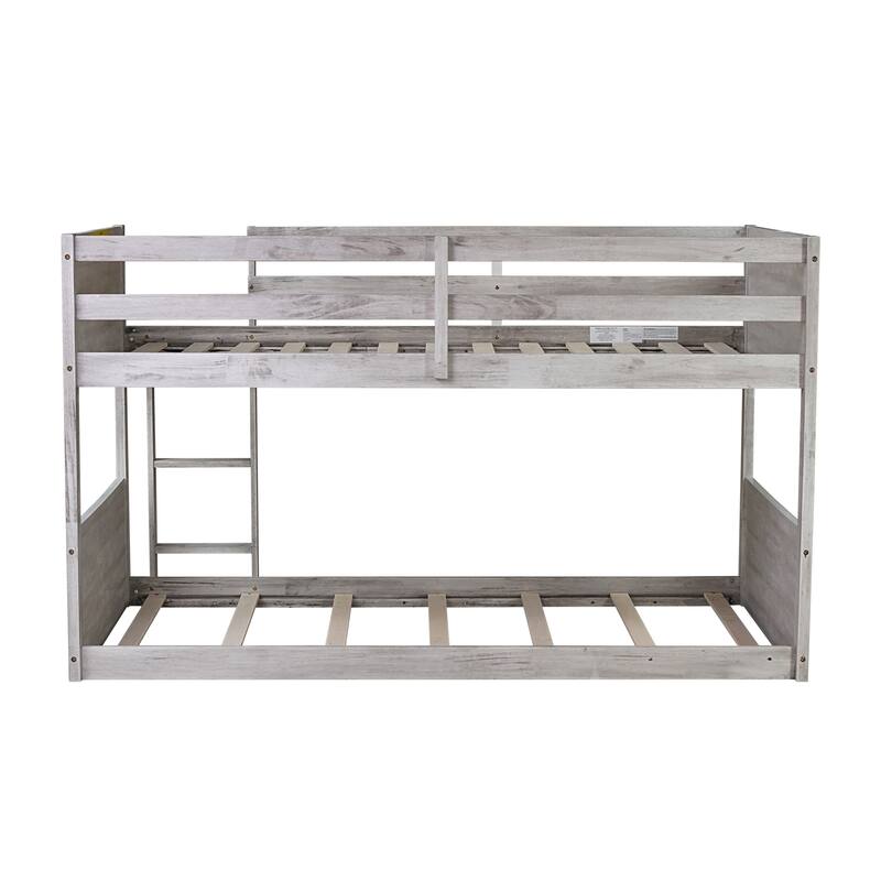 Twin over Twin Floor Bunk Bed w/ Headboard,Footboard,Safety Guardrails