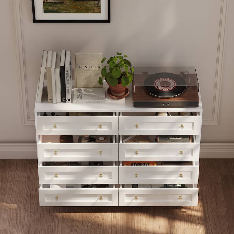 White Dresser & Vanity Combo Spacious Storage with Chic Crystal Knobs
