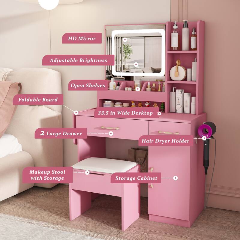 Vanity Desk with LED Mirror, Power Outlet, 3 Drawers, 7 Shelves and Storage Stool, Makeup Table for Women