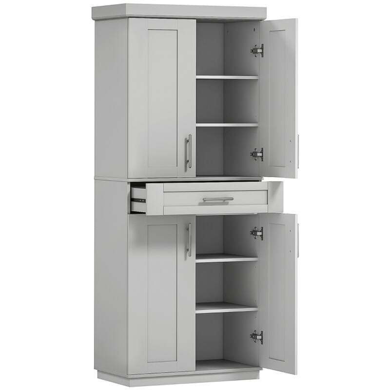 Multi-Function Grey Storage Cabinet with Adjustable Shelves and Drawer for Kitchen or Office - 30" W x 15.75" D x 72" H