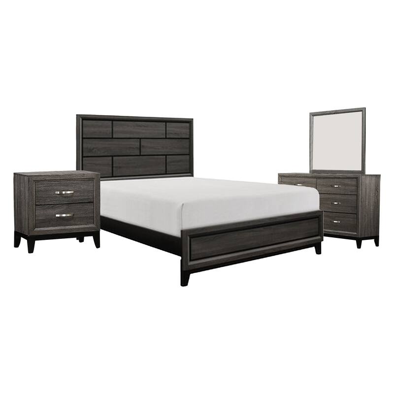 Ameya Four Pc Queen Bedroom Set, Black Metal Base, Dark Gray Wood with Printed Grains