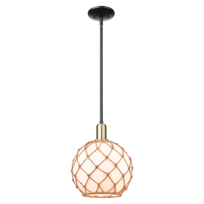 Innovations Lighting Endless Possibilities Arcadia - Farmhouse Rope - 1 Light 10" Stem Hung Mini Pendant - White Glass with Brown Rope/Black Antique Brass