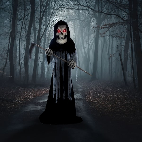 slide 2 of 16, Haunted Hill Farm 8.5-Ft. Tall Motion-Activated Ginormous Reaper, Premium Talking Halloween Animatronic