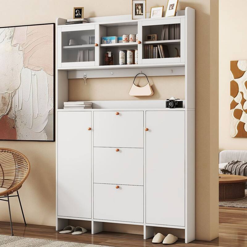 Hall Tree and Shoe Storage Bench with Flip Drawers and Doors