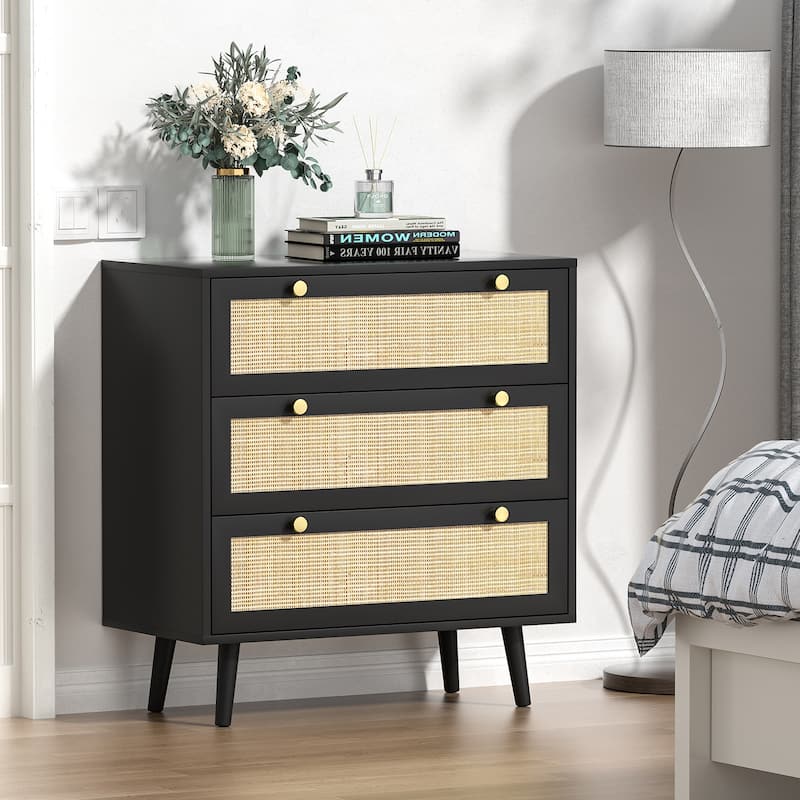 Anmytek Modern 3-Drawer Black Dresser Rattan Chest of Drawers for Bedroom