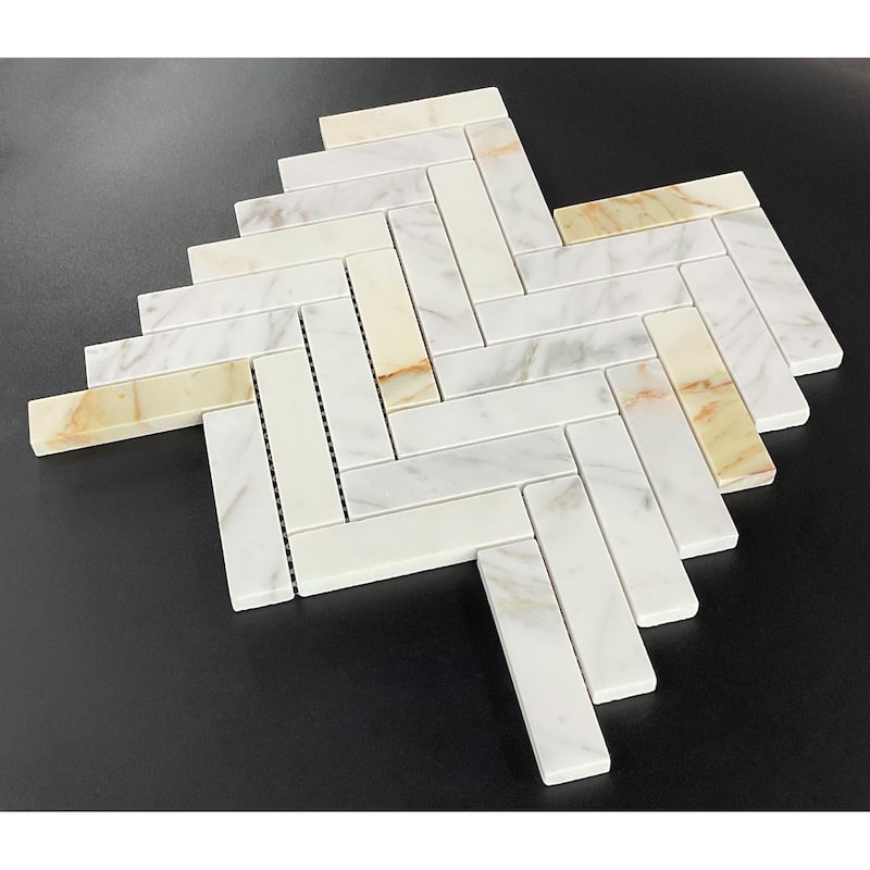 Calacatta Gold 1 x 4 Marble Harringbone Wall and Floor Mosaic - Case (10 Sheets)