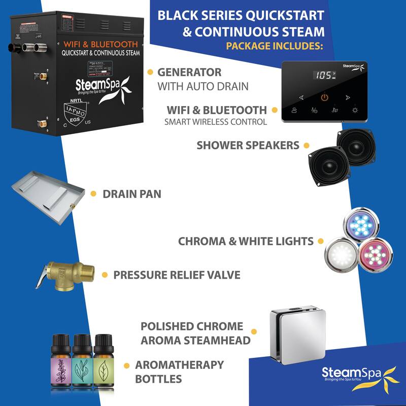 Black Series 9KW Steam Bath Generator with Fully Wireless Remote, BLUETOOTH, WIFI, and Auto Drain - 9 KW