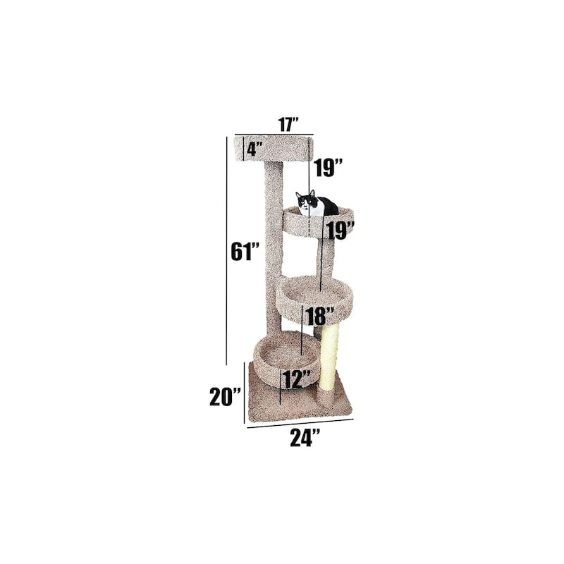 61" Large Cat Tree Tower with Four Wide Perches, Carpeted Surfaces and Sisal Posts for Active Cats