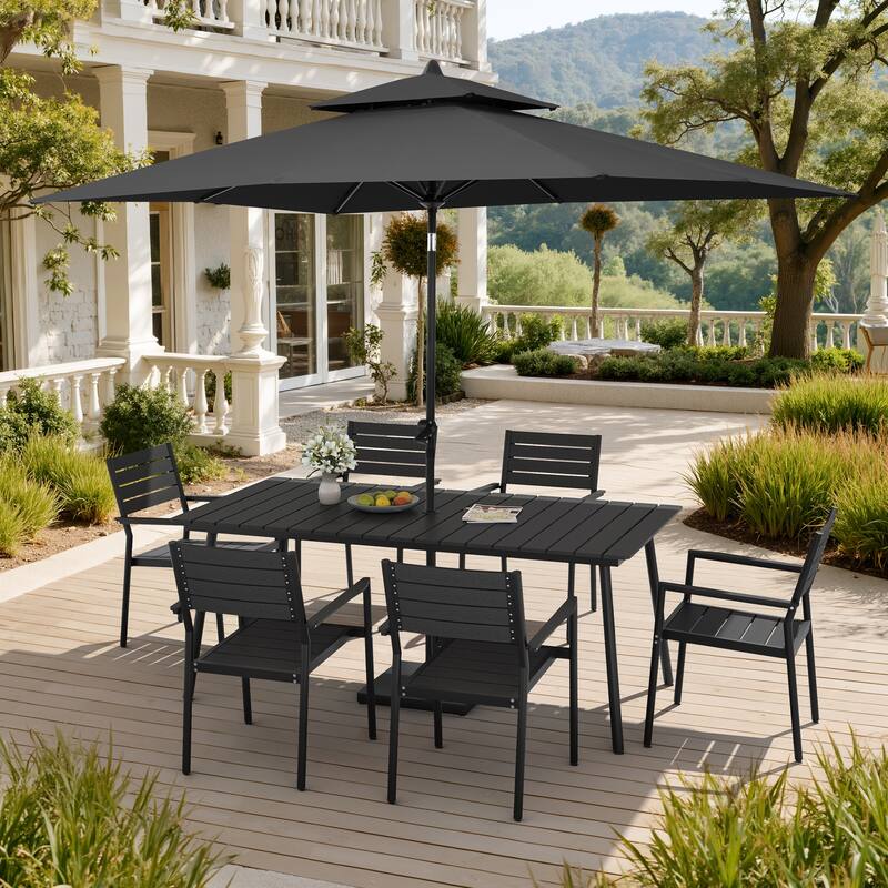 9PC Outdoor Patio Dining Set Aluminum Table with Stackable Armchairs w/ Market Umbrella Set - BlackTable&BlackChairs&BlackUmbrella