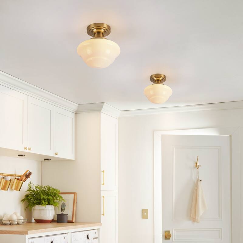 8.7" 1-Light Vintage Brass/Black Milk Glass Flush Mount Ceiling Light for Hallway