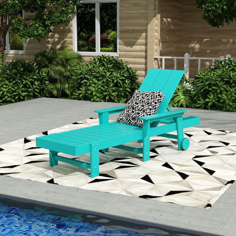 Polytrends Shoreside Modern Poly Reclining Eco-Friendly All Weather Chaise Lounge With Arms & Wheels - Turquoise
