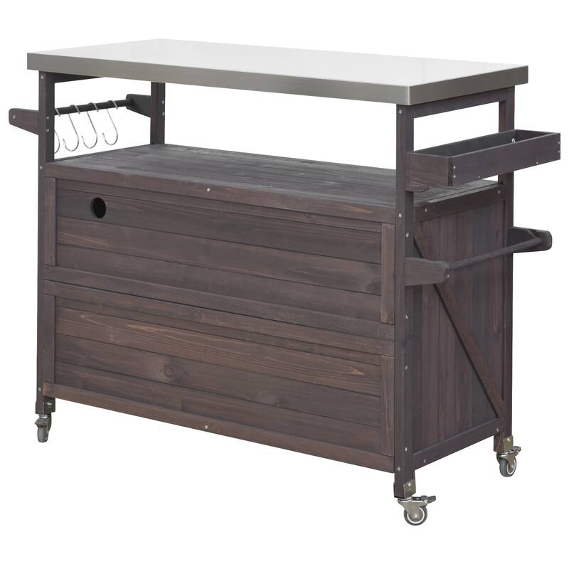 Outdoor Kitchen Island, Rolling Bar Cart & Storage Cabinet, Solid Wood Outdoor Grill Table with Stainless Steel Top