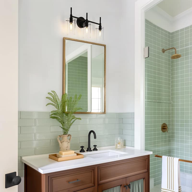 Modern 3-Light Matte Black Dimmable Bathroom Vanity Lights Cylinder Shade Wall Sconces with Clear Glass - 20" L x 6" W x 10.5" H