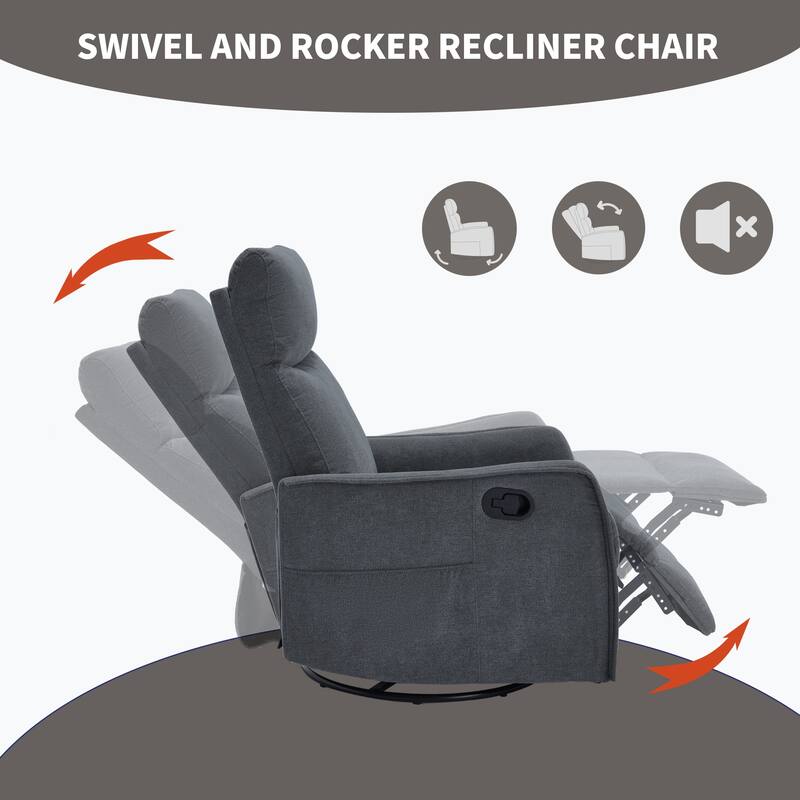 Heat Massage Manual Recliner Chair with Rocker and Swivel in Fabric for Living Room