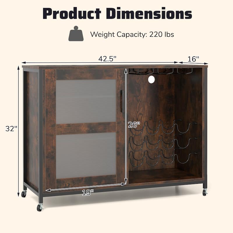 Rustic Brown Mobile Wine Cabinet with LED Lighting, Remote Control Glass Door and Sturdy Metal Frame - 42.5" × 16" × 32"