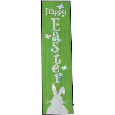 Fraser Hill Farm 45-In. HAPPY EASTER Porch Leaner Sign w/Battery-Operated LED Lights, Festive Spring Decoration, Green/White