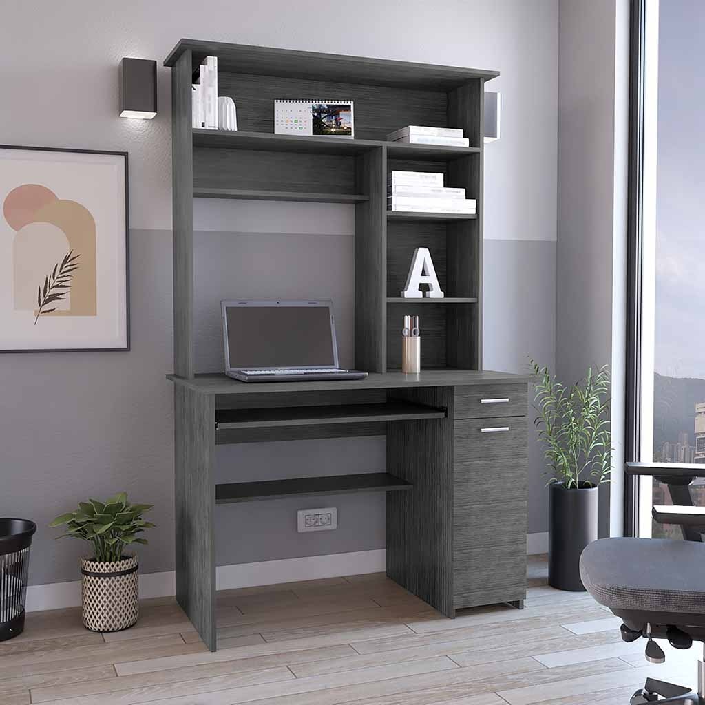 Computer Hutch Desk with Keyboard Tray, Door Panel For CPU, Hutch with Five Shelves and One Drawer, Smokey Oak