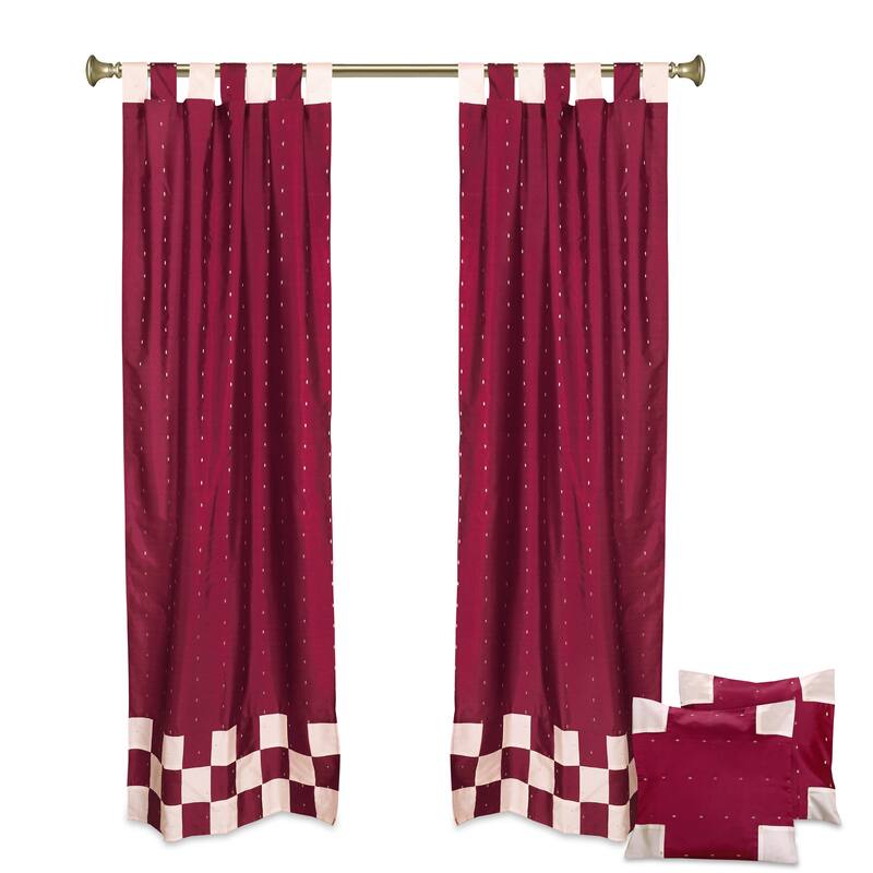4 Pc Set Indian Sari Curtains & Cushion Covers Boho Tab Top Living Room Bedroom - Maroon - 36" W X 84" L - 84 Inches