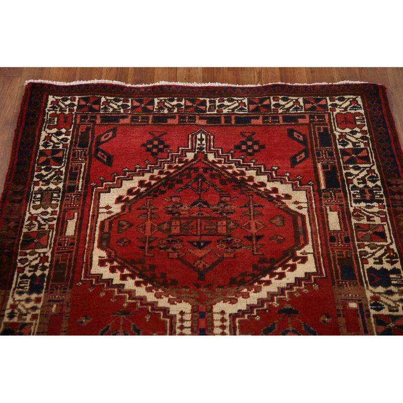 Geometric Ardebil Persian Vintage Runner Rug Handmade Red Wool Carpet - 3'9"x 13'10"
