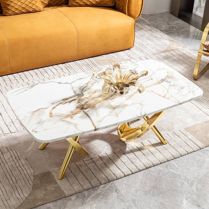 Gold Stainless Steel Marble Pattern Coffee Table 50.78" L x 27.16" W x 18.11" H for Living Room & Office