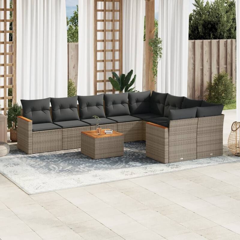 vidaXL Patio Sofa Set with Cushions Outdoor Conversation Furniture Poly Rattan - 24.4 x 24.4 x 27.2 in - Gray with table