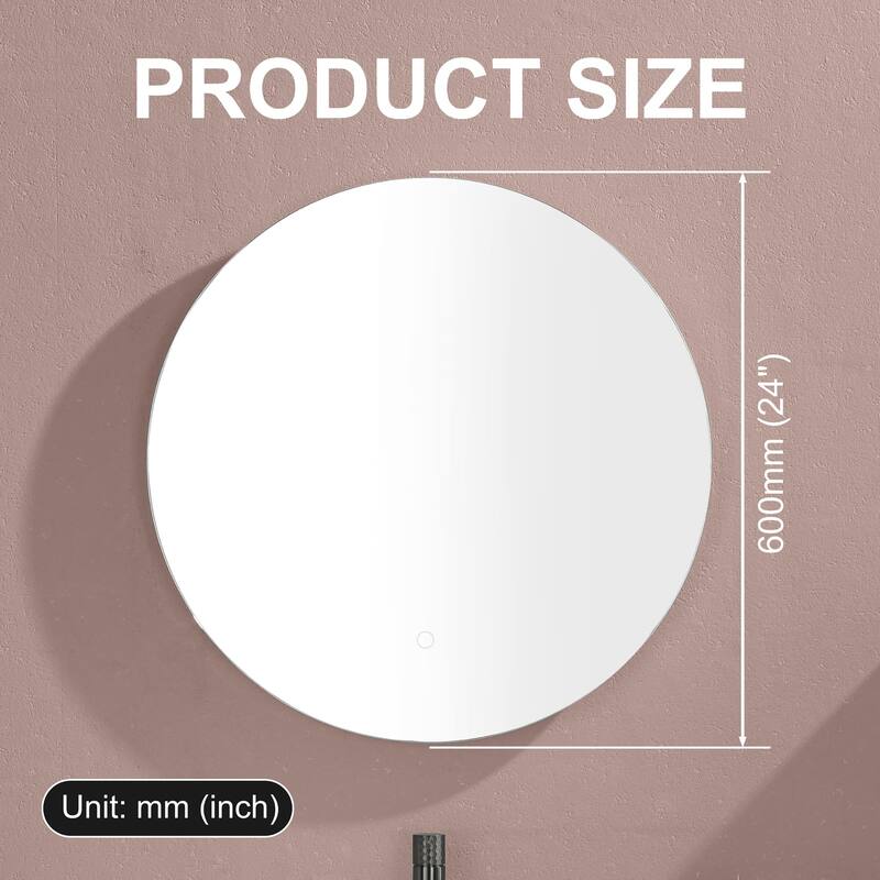 Round LED Bathroom Mirror 24 Inch Modern Wall Mounted Mirror with Three LED Lights Circle Mirror for Bathroom Vanity,Washroom
