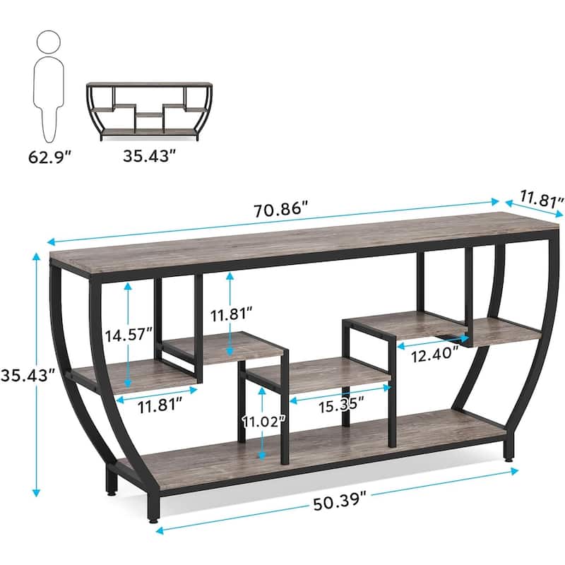 Industrial Console Table with Metal Frame 7 Staggered Shelves Entryway Sofa Hallway Table TV Stand - 70.86" x 11.81" x 35.43"