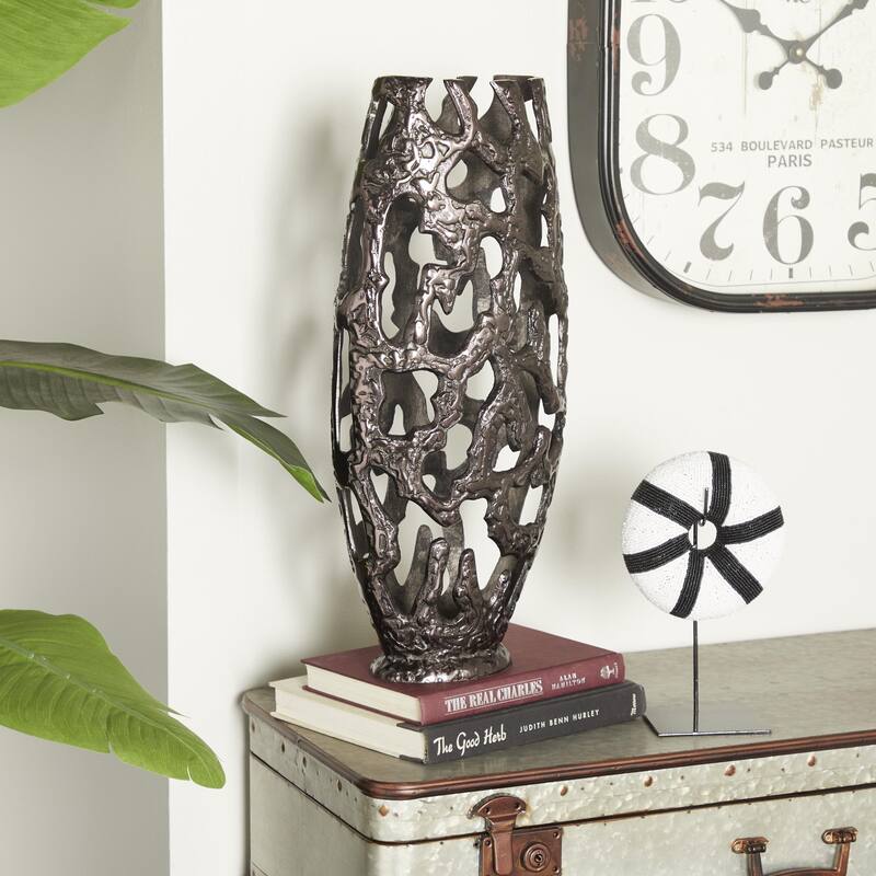Aluminum Metal Decorative Vase with Cut Out Designs - Silver, Gold, Black - Roche River Decor