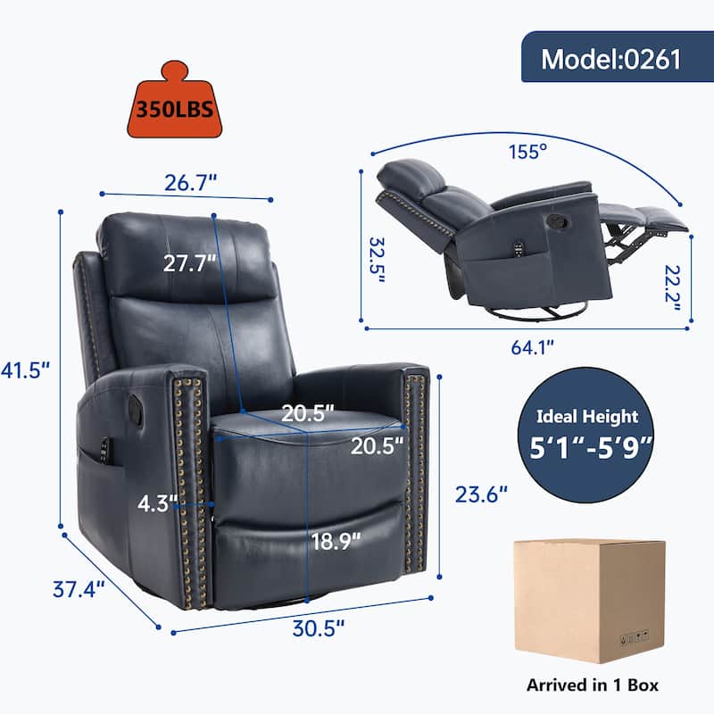 Roomfitters Genuine Leather Swivel Rocker Recliner, Manual Massage Glider with Heat and Top Grain Cowhide, Living Room