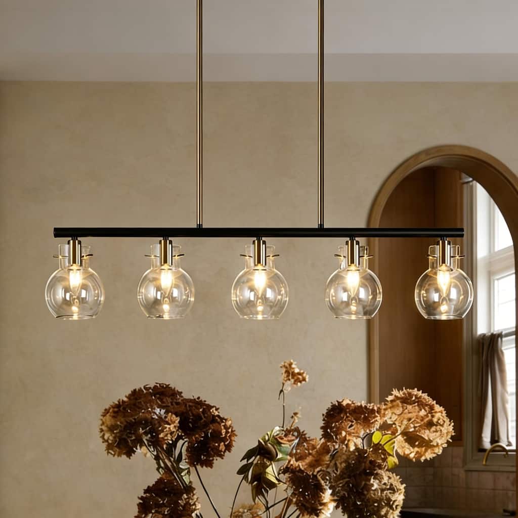 Modern Industrial 5-Light Black Gold Linear Chandelier Clear Glass Kitchen Island Lights for Dining Room