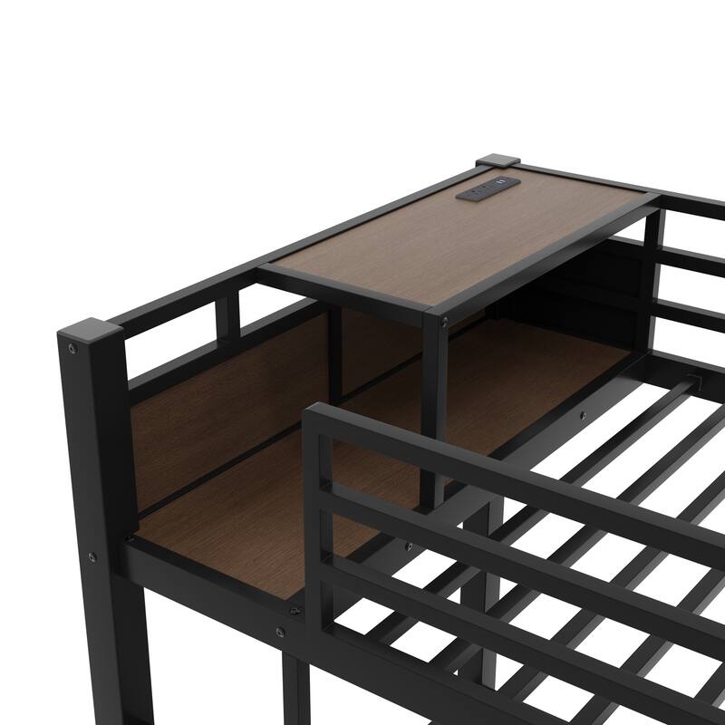 Metal Bunk Bed with Open Storage Shelves, Underbed Drawers and Built-in Desk with Charging Station for Guest Rooms or Dorms