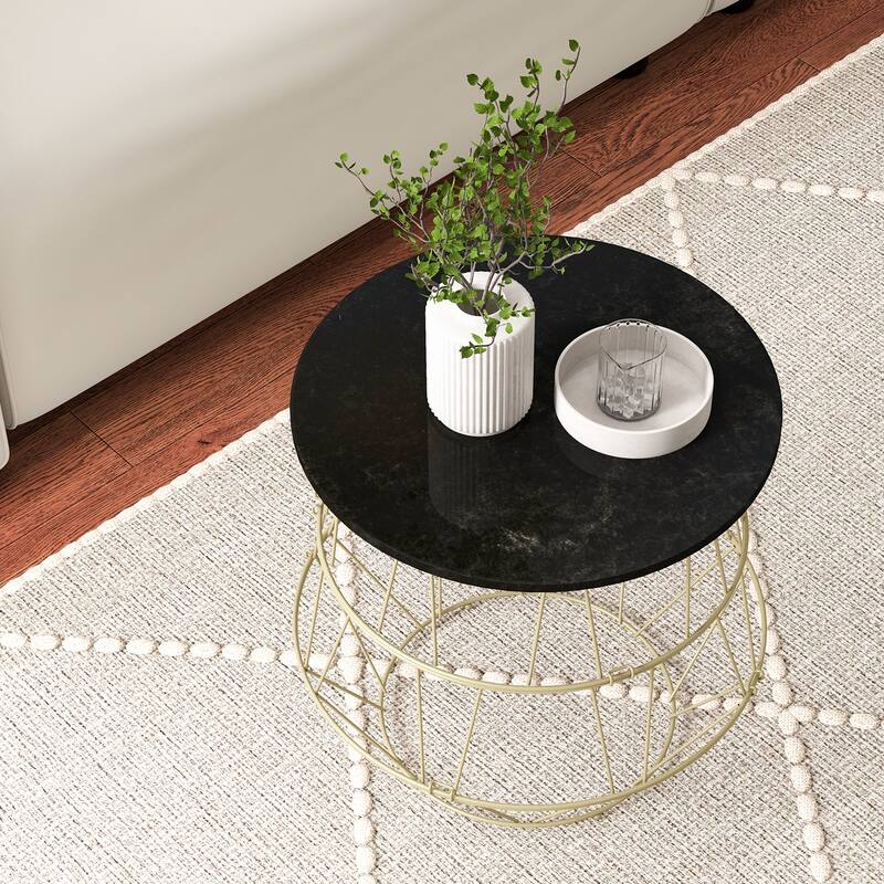 Modern Round Coffee Table with Gold Metal Frame and Storage - 16" x 16" x 15"