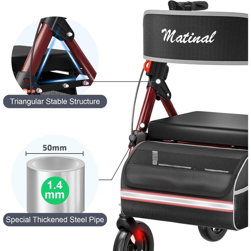 Matinal Foldable Rollator Walkers with Seat for Seniors, 350 lb Capacity, 8'' Big Wheels, 6-Position Height
