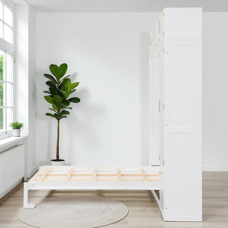 Queen Murphy Wall Bed with Top Cabinets, Shelves & Wardrobe, Space-Saving Foldable Bed with Storage
