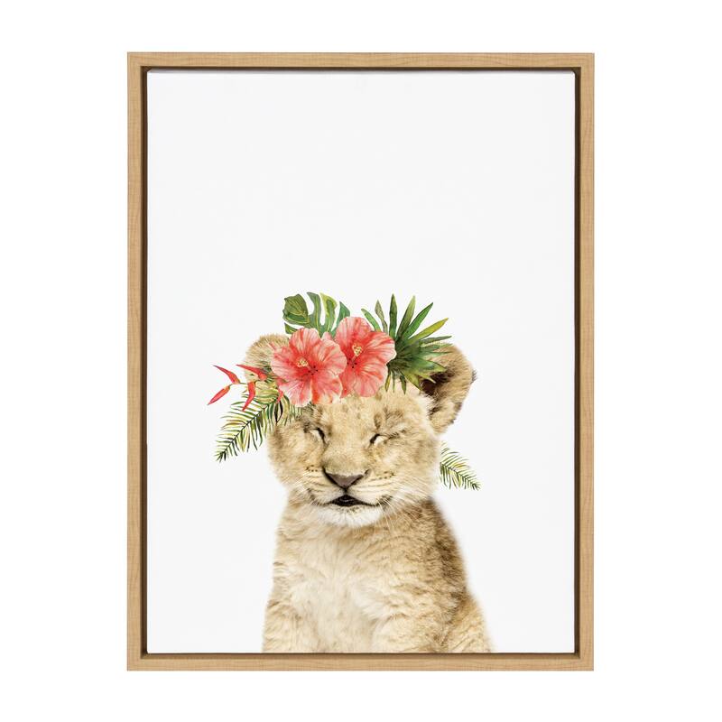 Kate and Laurel Sylvie Flower Crown Lion Cub Framed Canvas by Amy Peterson