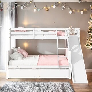 Space-Saving Twin over Full Bunk Bed Rubber Wood Bunk Bed with Slide and 2 Storage Drawers