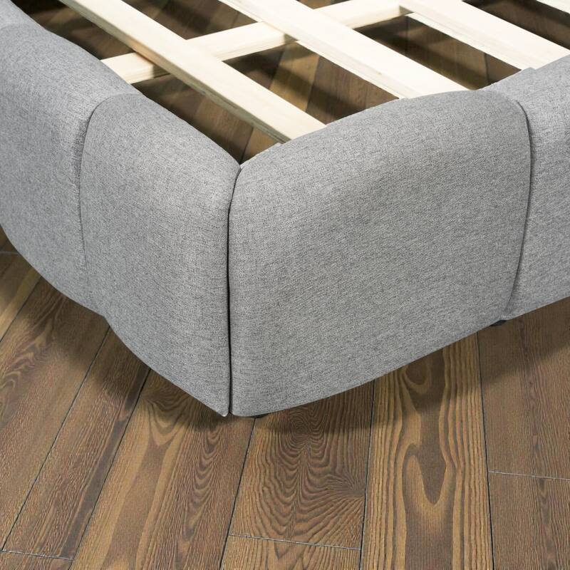 King Size Upholstered Platform Bed with Thick Linen Fabric, Low Profile Grounded Bed Frame, Solid Support