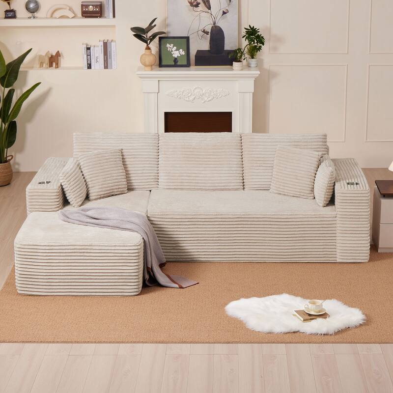 102.76" Corduroy Cloudy L Shaped Sofa with Headrests